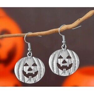 Halloween Jack O’ Lantern/Pumpkin Silver Alloy Dangling Earrings NWT